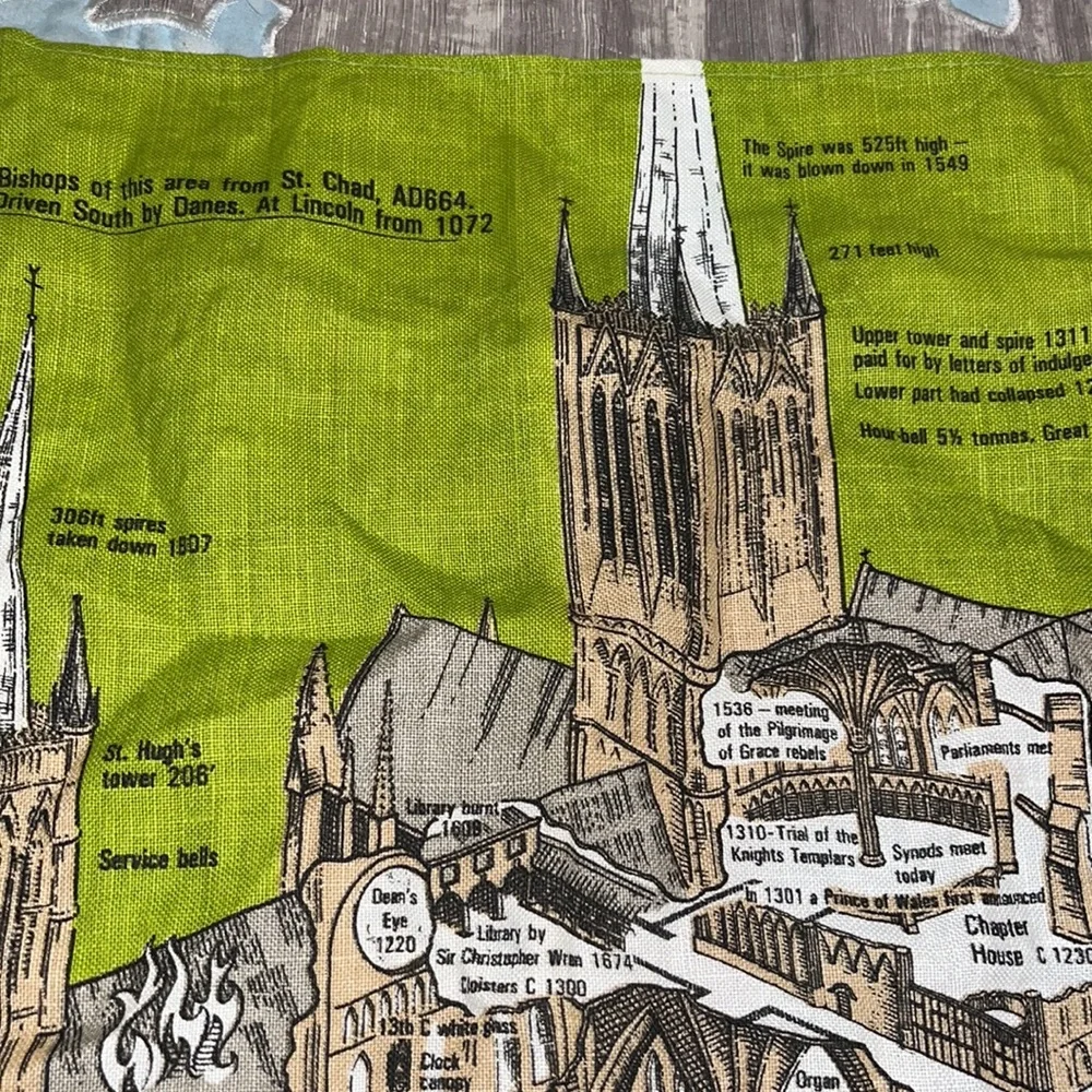 Vintage Lincoln Cathedral Irish Souvenir Wall Tapestry/ Tea Towel EUC Like New
